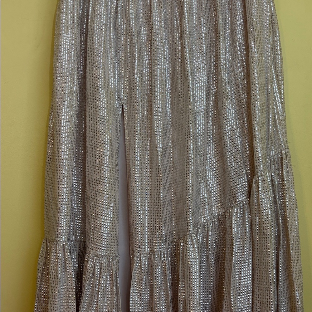 Ramy Brook | Luxe Jessie Pink Shimmer Metallic Split Front Ruffle Maxi Skirt 2 - Picture 6 of 17